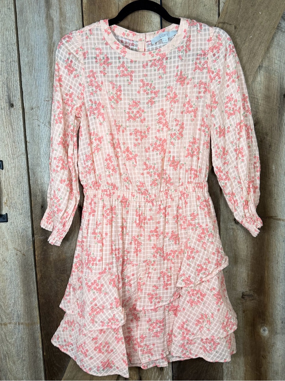 Loft Woman’s Meadow Tiered Floral Sunrise Peach Mini Dress Long Sleeve Size XS